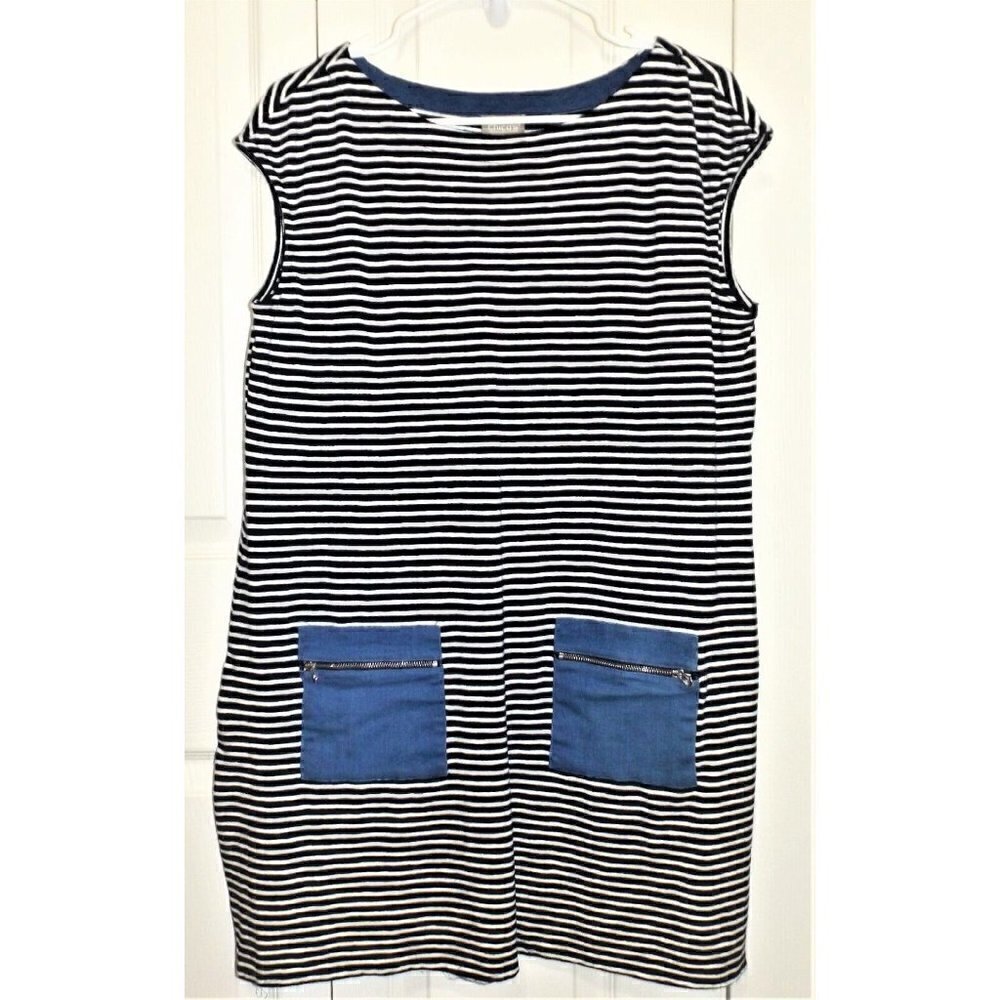 Chico's L Sleeveless Striped Mini-Dress Denim Pockets Round Neck Pullover